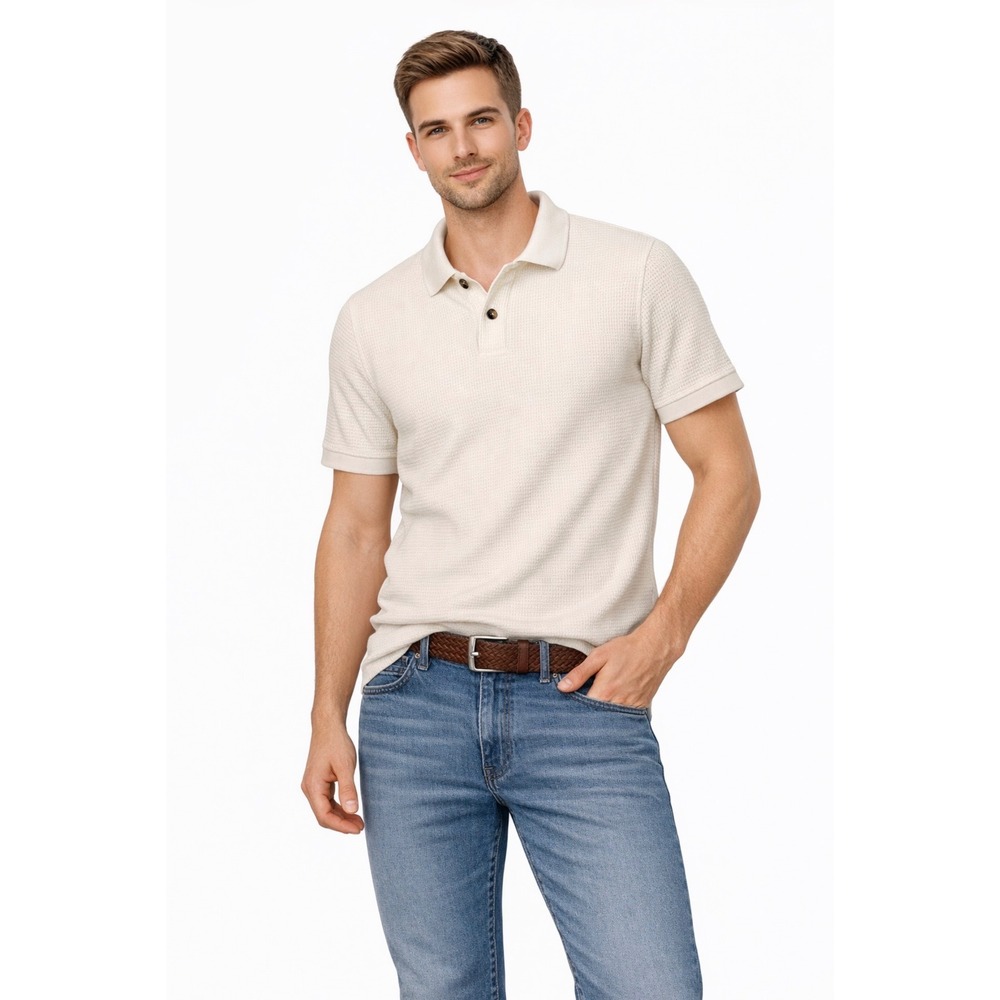HM Slim Fit Waffle Knit Short Sleeve Polo Shirt Cream Men's Medium
